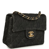 Vintage Chanel Mini Square Flap Bag Black Denim Gold Hardware
