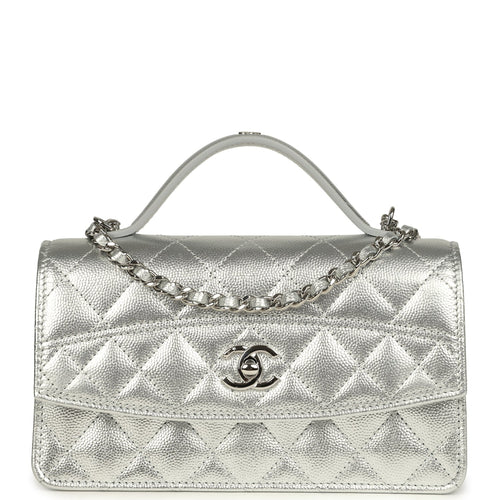 Chanel Top Handle Wallet On Chain WOC Metallic Silver Shiny Caviar Silver Hardware