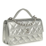 Chanel Top Handle Wallet On Chain WOC Metallic Silver Shiny Caviar Silver Hardware