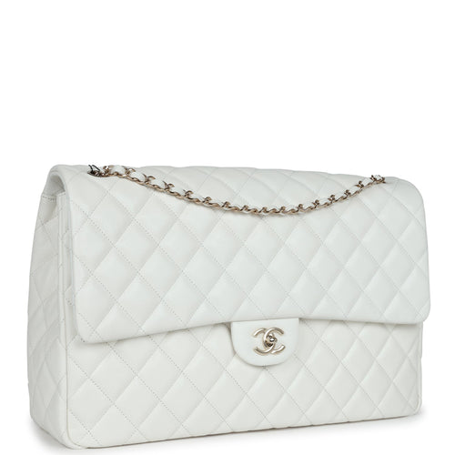 Chanel XXL Classic Single Flap Bag White Shiny Caviar Light Gold Hardware