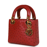 Pre-owned Christian Dior Mini Lady Bag Burgundy Ostrich Gold Hardware