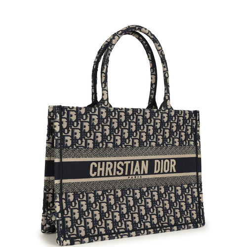 Pre-owned Christian Dior "Oblique" Medium Book Tote Ecru and Navy Blue Embroidered Canvas