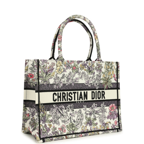 Christian Dior "Fleurs" Medium Book Tote White and Purple Multicolor Embroidered Canvas