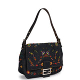 Vintage Fendi Mamma Baguette Bag Ricami Denim Floral Beaded Silver Hardware