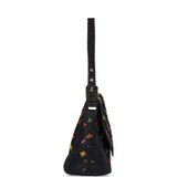 Vintage Fendi Mamma Baguette Bag Ricami Denim Floral Beaded Silver Hardware