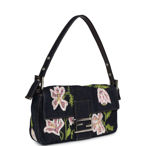 Vintage Fendi Baguette Bag Embroidered Denim Silver Hardware