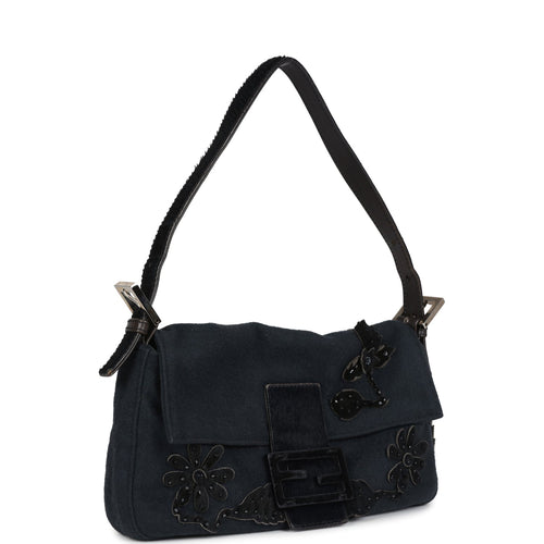 Vintage Fendi Baguette Bag Floral Applique Grey and Black Wool and Ponyhair Silver Hardware