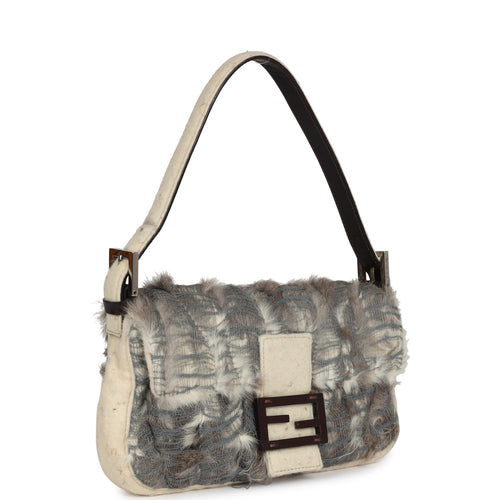 Vintage Fendi Baguette Bag Ivory Felt and Grey Rabbit Fur Silver Hardware