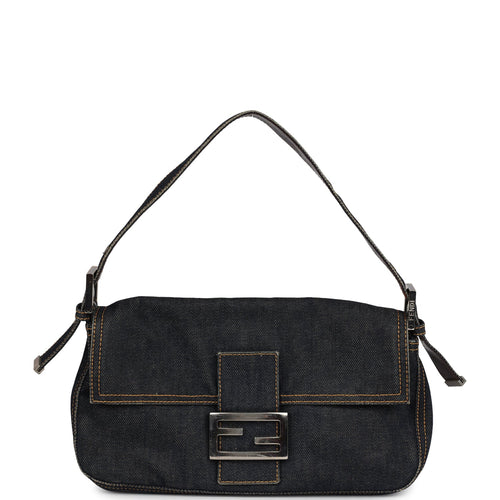 Vintage Fendi Baguette Bag Dark Blue Denim Silver Hardware