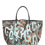 Goyard Limited Edition Black Goyardine Canvas Blue Lettres Camouflage Saint Louis GM Tote Bag Palladium Hardware