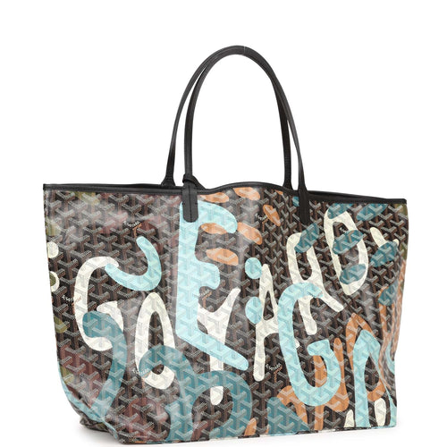 Goyard Limited Edition Black Goyardine Canvas Blue Lettres Camouflage Saint Louis GM Tote Bag Palladium Hardware