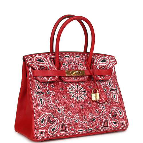 Custom "Paisley Bandana" Swarovski Crystal Hermes Birkin 30 Rouge Casaque Epsom Gold Hardware