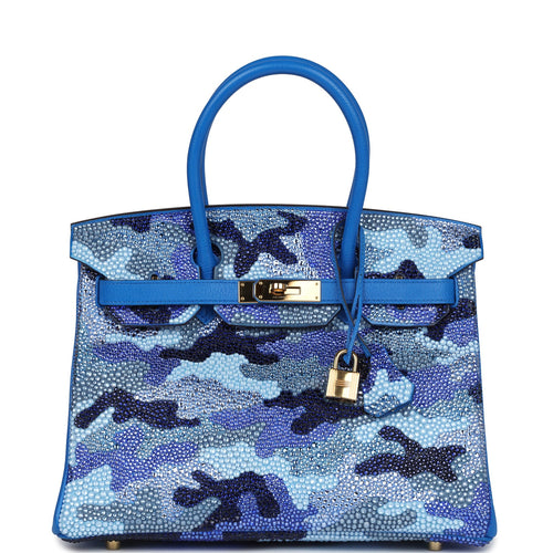 Custom Camouflage Swarovski Crystal Hermes Birkin 30 Bleu Hydra Chevre Gold Hardware
