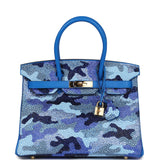 Custom Camouflage Swarovski Crystal Hermes Birkin 30 Bleu Hydra Chevre Gold Hardware