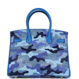 Custom Camouflage Swarovski Crystal Hermes Birkin 30 Bleu Hydra Chevre Gold Hardware