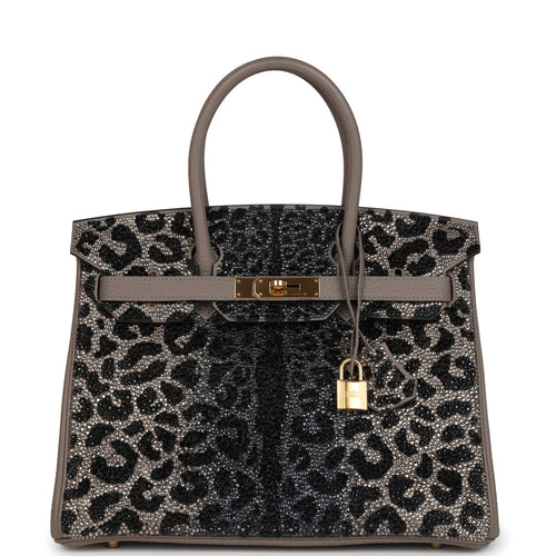 Custom Leopard Swarovski Crystal Hermes Birkin 30 Gris Asphalte Togo Gold Hardware