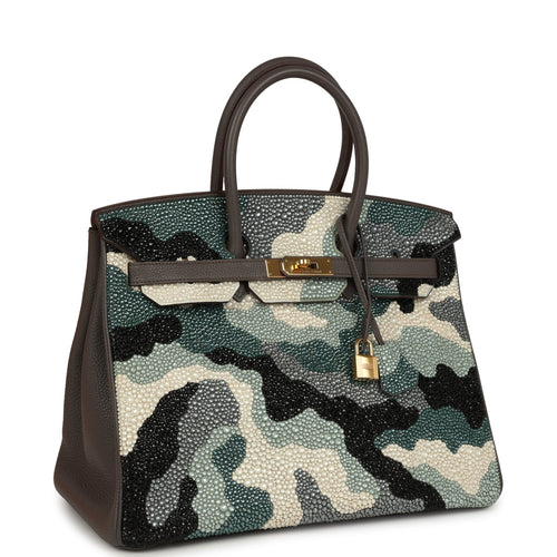Custom Camouflage Swarovski Crystal Hermes Birkin 35 Etain Togo Gold Hardware
