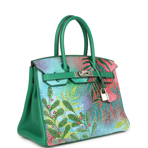 Custom "Paradise" Swarovski Crystal Hermes Birkin 30 Vert Vertigo Togo Palladium Hardware
