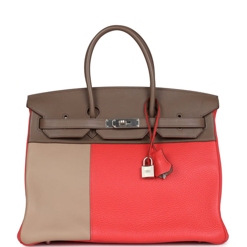 Pre-owned Hermes Birkin 35 Cascade Rose Jaipur, Etoupe and Argile Swift and Clemence Brushed Palladium Hardware