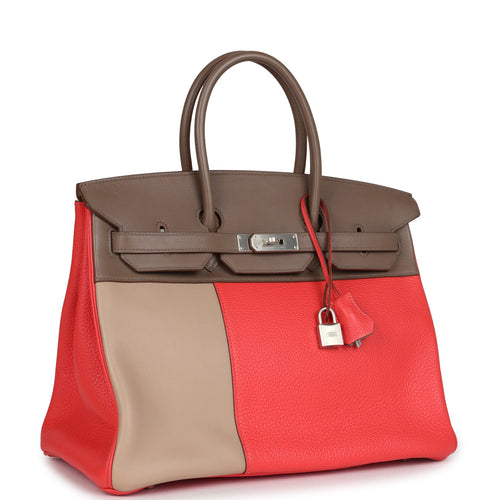 Pre-owned Hermes Birkin 35 Cascade Rose Jaipur, Etoupe and Argile Swift and Clemence Brushed Palladium Hardware