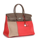 Pre-owned Hermes Birkin 35 Cascade Rose Jaipur, Etoupe and Argile Swift and Clemence Brushed Palladium Hardware