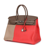 Pre-owned Hermes Birkin 35 Cascade Rose Jaipur, Etoupe and Argile Swift and Clemence Brushed Palladium Hardware