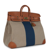 Pre-owned Hermes Birkin HAC 50 Flag Ficelle Toile H, Fauve Barenia and Bleu Toile H Canvas Gold Hardware