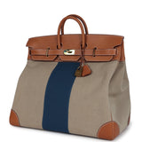 Pre-owned Hermes Birkin HAC 50 Flag Ficelle Toile H, Fauve Barenia and Bleu Toile H Canvas Gold Hardware