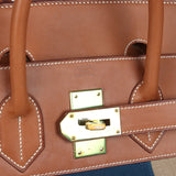 Pre-owned Hermes Birkin HAC 50 Flag Ficelle Toile H, Fauve Barenia and Bleu Toile H Canvas Gold Hardware