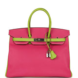 Pre-owned Hermes Special Order (HSS) Birkin 35 Rose Tyrien and Kiwi Epsom Palladium Hardware