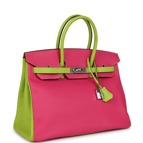 Pre-owned Hermes Special Order (HSS) Birkin 35 Rose Tyrien and Kiwi Epsom Palladium Hardware
