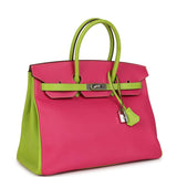 Pre-owned Hermes Special Order (HSS) Birkin 35 Rose Tyrien and Kiwi Epsom Palladium Hardware