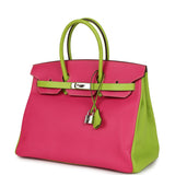 Pre-owned Hermes Special Order (HSS) Birkin 35 Rose Tyrien and Kiwi Epsom Palladium Hardware