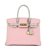 Pre-owned Hermes Special Order (HSS) Birkin 30 Rose Sakura and Gris Perle Chevre Brushed Gold Hardware
