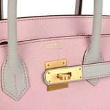 Pre-owned Hermes Special Order (HSS) Birkin 30 Rose Sakura and Gris Perle Chevre Brushed Gold Hardware