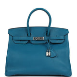 Pre-owned Hermes Birkin 35 Bleu Izmir Verso Clemence Palladium Hardware