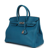 Pre-owned Hermes Birkin 35 Bleu Izmir Verso Clemence Palladium Hardware