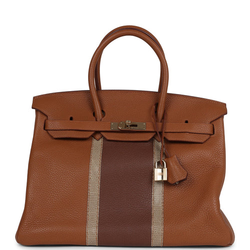 Pre-owned Hermes Birkin Club 35 Gold and Marron d'Inde Clemence and Ficelle Lizard Permabrass Hardware