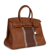 Pre-owned Hermes Birkin Club 35 Gold and Marron d'Inde Clemence and Ficelle Lizard Permabrass Hardware