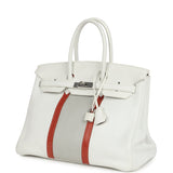 Pre-owned Hermes Birkin Club 35 White and Gris Perle Clemence and Sanguine Lizard Palladium Hardware