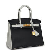 Pre-owned Hermes Special Order (HSS) Birkin 30 Black and Gris Perle Chevre Mysore Brushed Gold Hardware