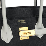 Pre-owned Hermes Special Order (HSS) Birkin 30 Black and Gris Perle Chevre Mysore Brushed Gold Hardware