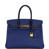 Pre-owned Hermes Special Order (HSS) Birkin 30 Bleu Electric and Bleu Saphir Epsom Brushed Gold Hardware