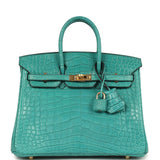 Hermes Birkin 25 Bleu Paon Matte Alligator Gold Hardware