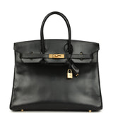 Vintage Hermes Birkin 35 Black Box Brushed Gold Hardware