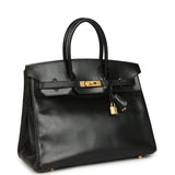 Vintage Hermes Birkin 35 Black Box Brushed Gold Hardware