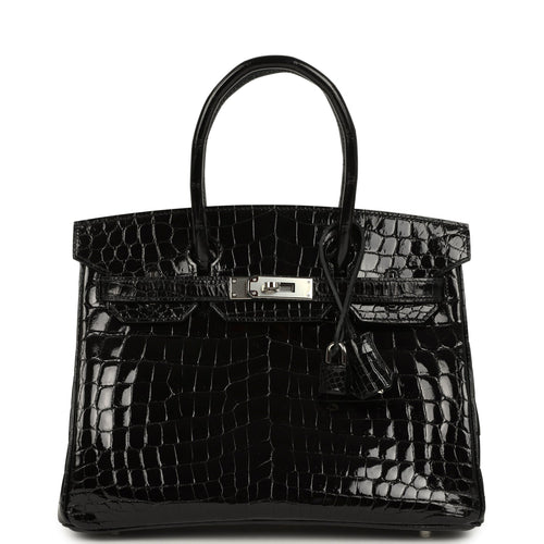 Pre-owned Hermes Birkin 30 Black Shiny Crocodile Niloticus Palladium Hardware