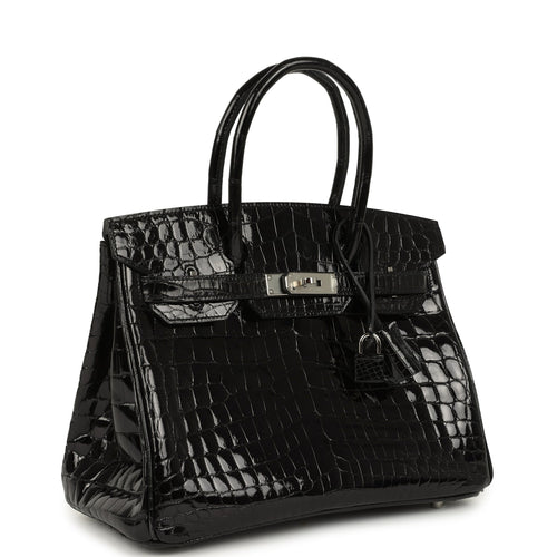 Pre-owned Hermes Birkin 30 Black Shiny Crocodile Niloticus Palladium Hardware