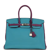 Pre-owned Hermes Special Order (HSS) Birkin 35 Bleu Izmir and Anemone Togo Brushed Palladium Hardware