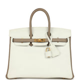 Hermes Special Order (HSS) Birkin 25 White and Etoupe Clemence Brushed Gold Hardware